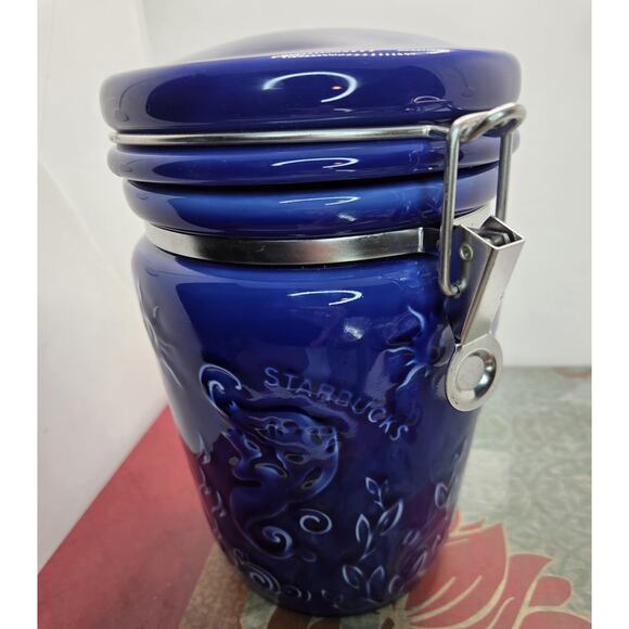 STARBUCKS Cobalt Blue Ceramic COFFEE CANISTER Jar Siren MERMAID 8.5" H - Picture 2 of 8